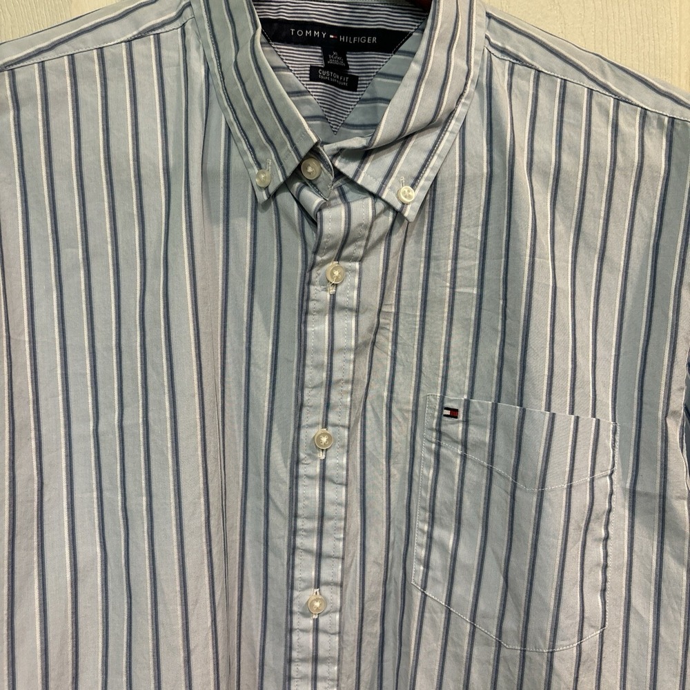 Tommy Hilfiger Shirt Mens XL Blue Striped Cotton Long Sleeve Button Down
